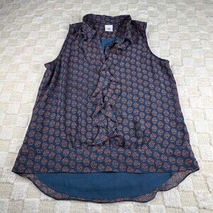 Cabi Medallion Reign Sleeveless Ruffle Front Blouse Teal Orange Women's Size M